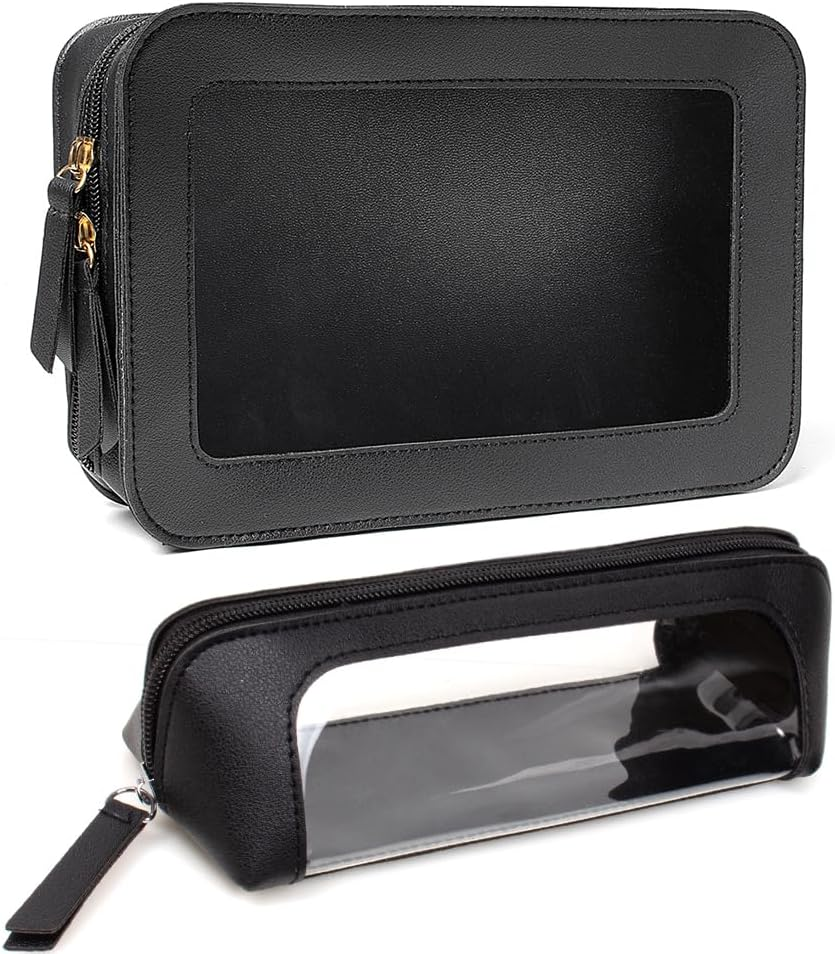 2Pcs Clear Makeup Bag Organizer, TSA Approved Portable Travel Toiletry Bag Set Multipurpose Cosmetic Bag Case for Women Vegan Leather Make up Pouch Makeup Brushes Storage Case Bags (Black C Set) image number 4