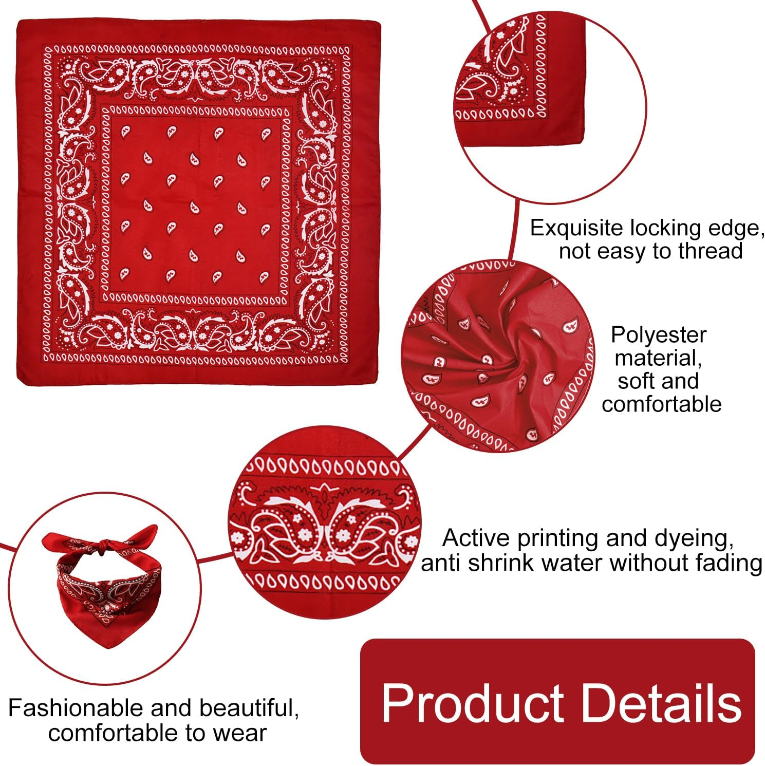 Vaolmlop Bandana Premium Halstuch Kopftuch,Herren Damen,Polyester Haartuch Kopftuch,Paisley Muster Headwear Haar Schal Ansatz Handgelenk Kopf Biker,Schwarz(54 X 54 Cm) - Black image number 3