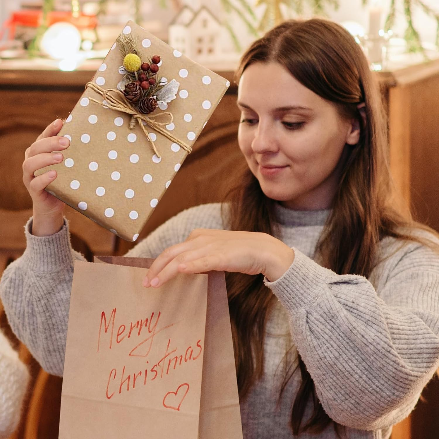 Christmas Wrapping Paper Rolls, 5 Rolls 44Cm X 300Cm, Brown Kraft Paper with Snowflake, Elk, and Xmas Tree Designs for Christmas, Party, and Festive Decorations image number 5