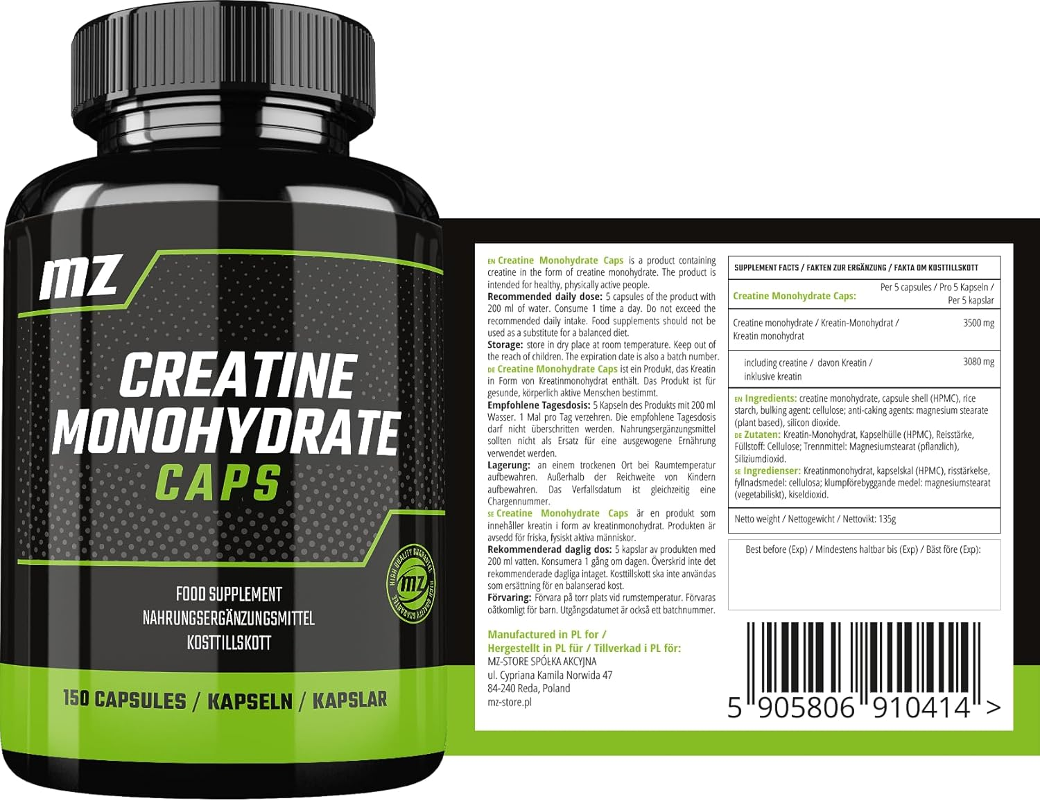 Creatine Monohydrate 3500 Mg per Serving - 150 Capsules - 1 Month Supply - by MZ image number 2