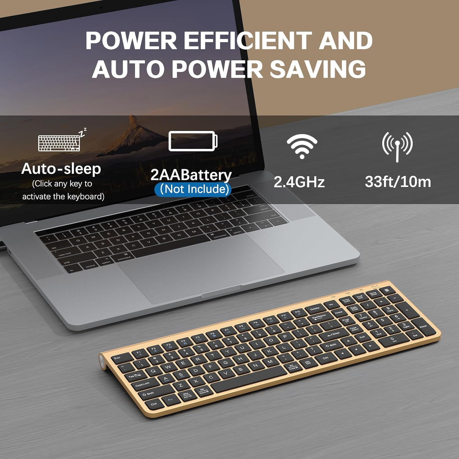 JOYACCESS Black Gold Wireless Keyboard with Low-Profile Keys - 2.4Ghz Full-Sized,Windows & Mac OS, Quiet,Ergonomic Keyboard for Computer, Laptop, PC, Mac,Windows- Gold image number 5