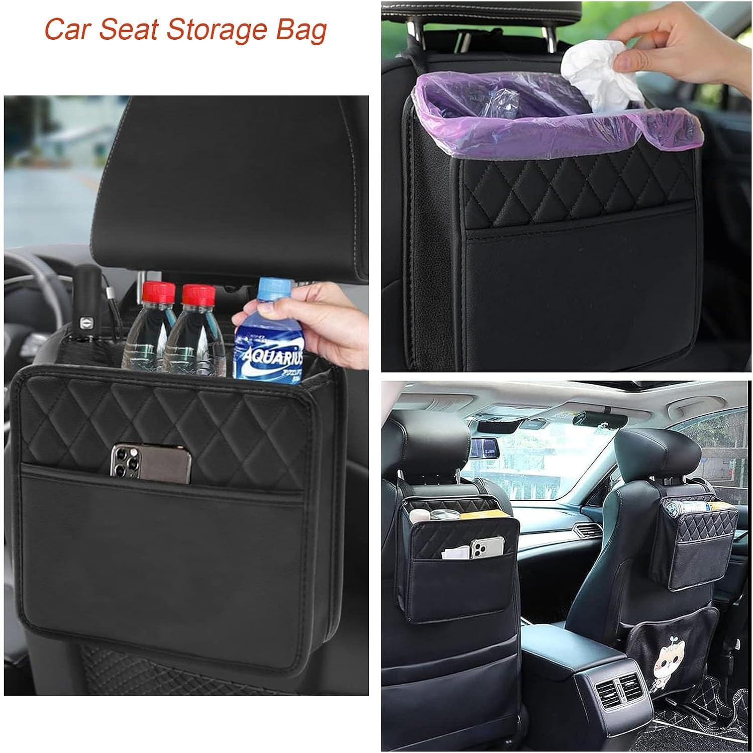 Coehaopike Car Seat Back Hanging Bag - Convenient Car Document Holder with Multi-Pocket Storage for Bottles, Travel Tidy Pouch, and Kids（Black）