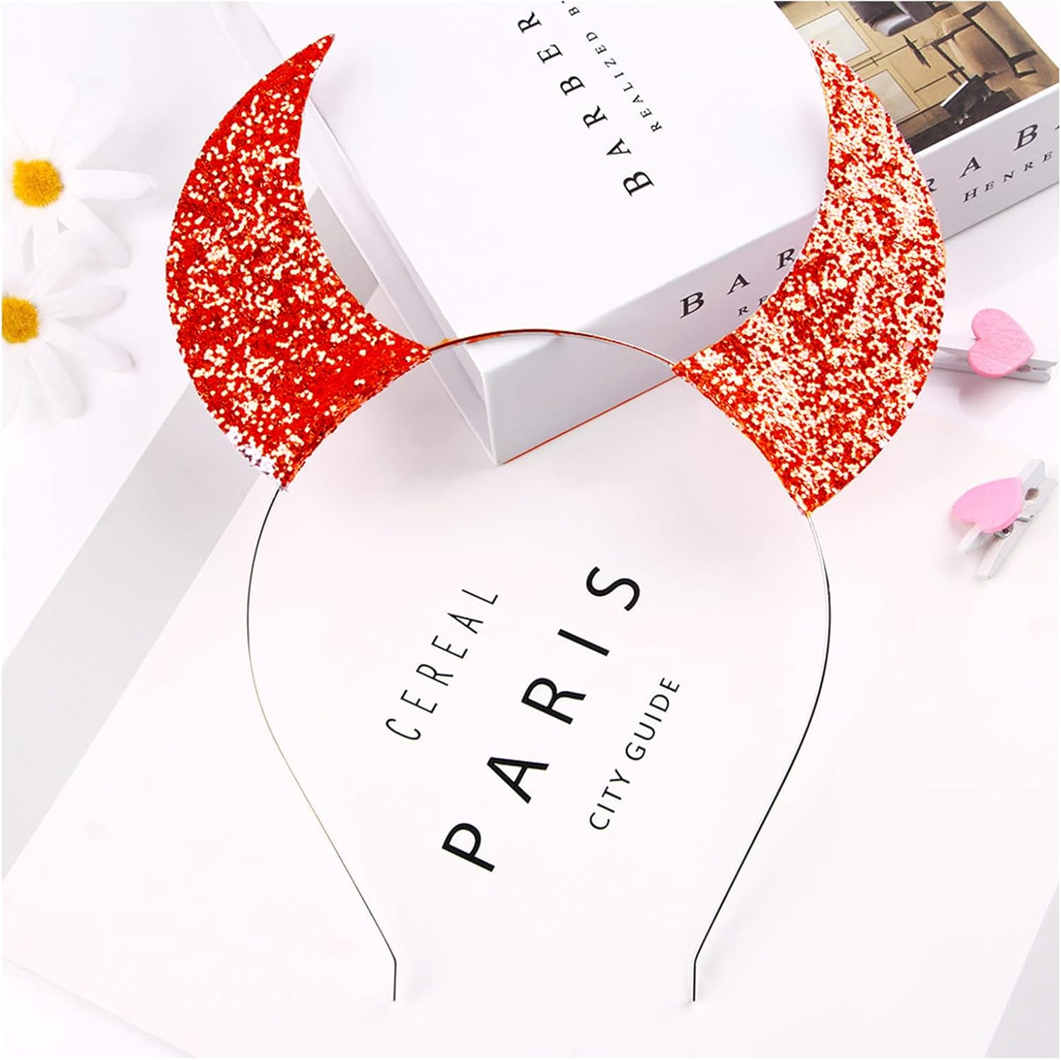OHEETU 2 Pcs Halloween Devil Horns Glitter Red Black Headband Headband Costume Accessory for Cosplay Party image number 5