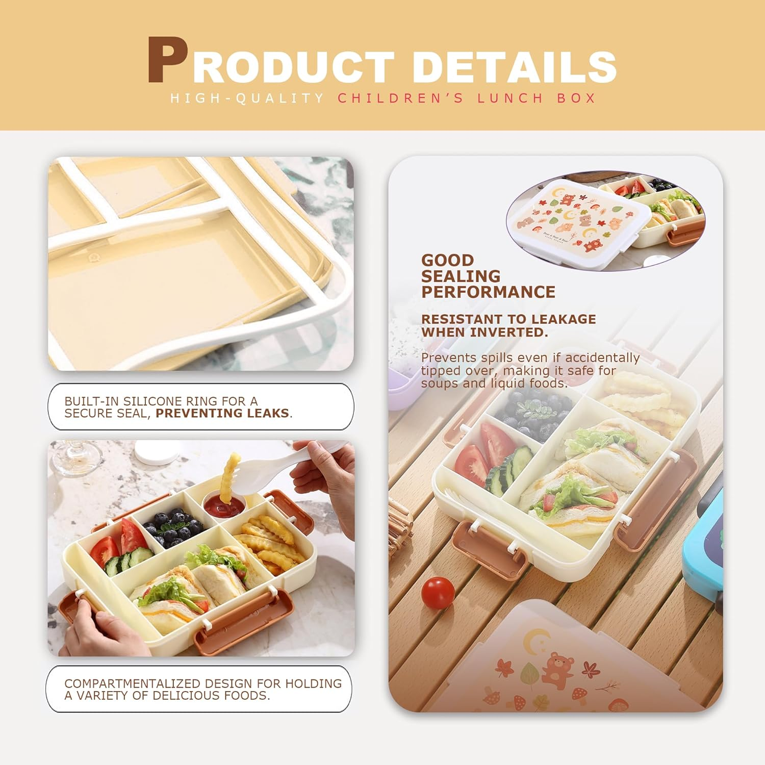 STRONGBERRY Kids Lunch Box, Healthy and Microwave - Safe, Dinosaur Parade, Purple Unicorn, Brown Bear Designs (Brown Little Bear) image number 6