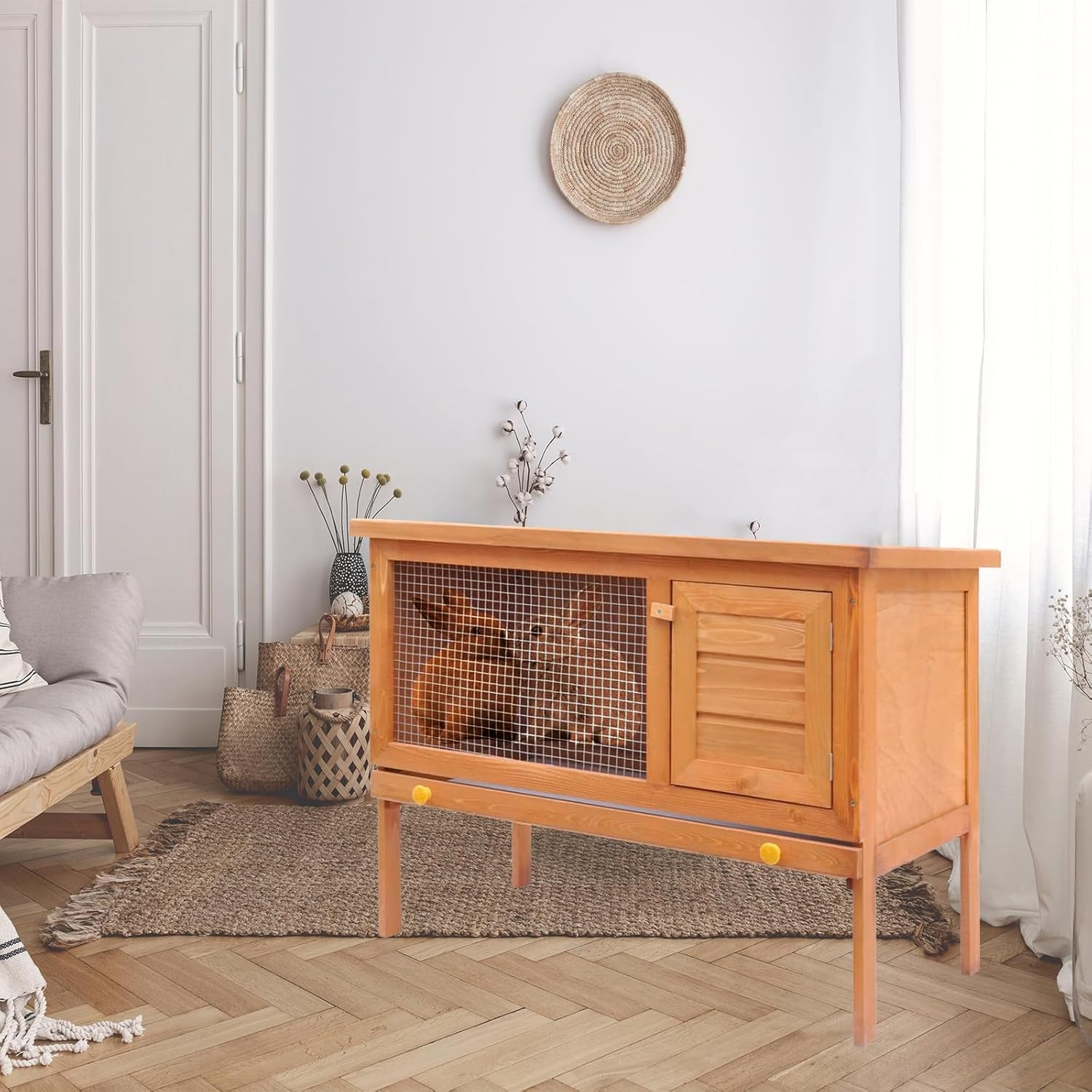 Elevated Wooden Rabbit Hutch, Indoor/Outdoor Bunny Cage with Weatherproof Green Asphalt Roof,Slide Bolt Latch and Removable Tray for Rubbit,Guinea Pig,Hamster (Wood, 90L X 45W X 65H) image number 5