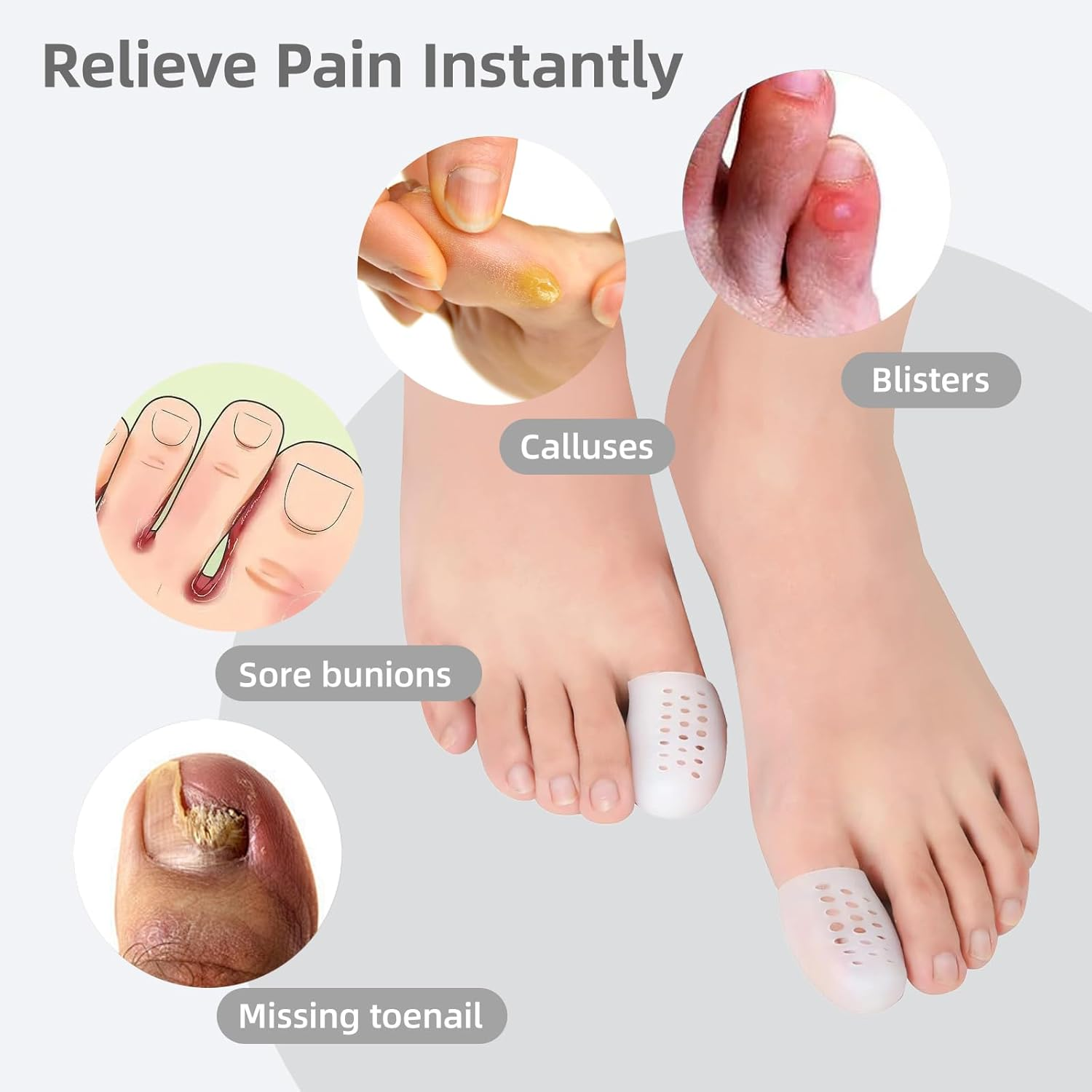 Hzqzaoan 10Pcs Big Toe Protector - Breathable Gel Toe Cap Silicone Toe Cover Sleeves with Holes for Missing/Ingrown Nails, Corns, Blisters & Hammer Toe Comfort (Reduces Rubbing & Discomfort) image number 1