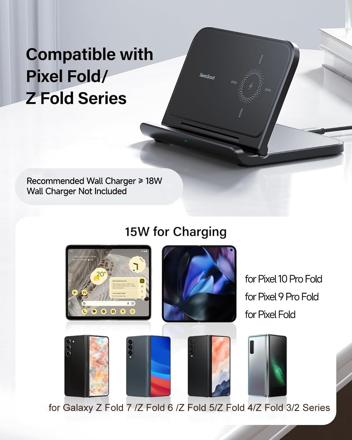 Swanscout Wireless Charger for Samsung Z Fold 7, Foldable Charging Station for Pixel 9 Pro Fold/Galaxy Z Fold 6/5/4/3/2/1, Wireless Charger Station for Samsung Z Fold Series (No Adapter) image number 6