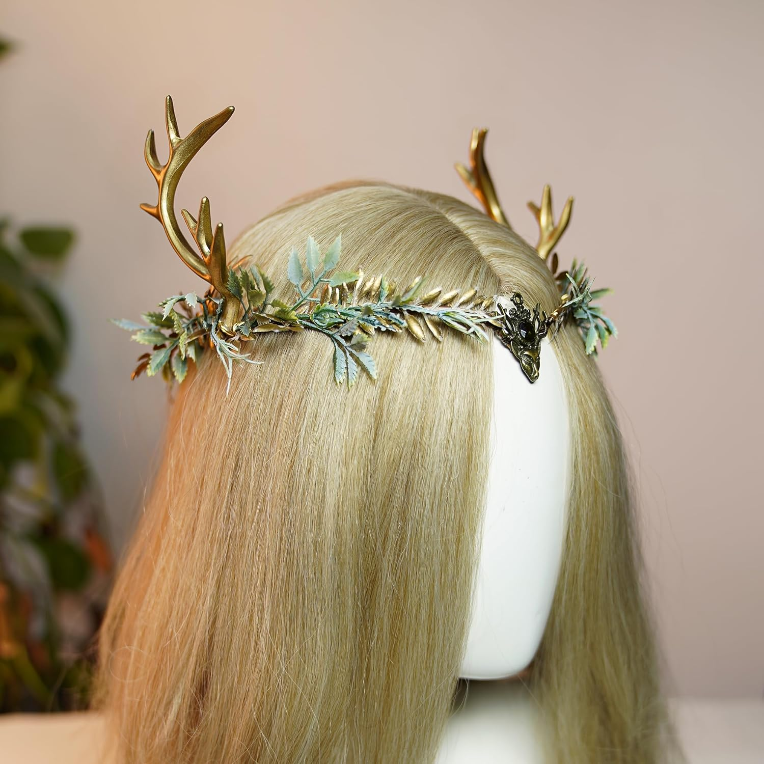 MOSTORY Handmade Golden Forest Antler Crown - Forest Flower Headband Elf Headpiece Fairy Flower Circlet for Women Girls Renaissance Fair Christmas Wedding Cosplay Photo Shoot image number 1
