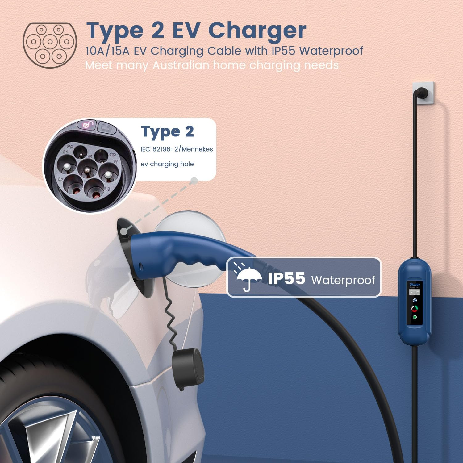 Qkcabo Type 2 Electric Vehicle Charger 15A EV Charger 240V, 7.5 Meters, 8/10/13/15A Adjustable, IEC 62196-2 Mennekes Portable EVSE EV Charging Cable Station for Tesla/Byd/Mg/Cupra/Polestar image number 3