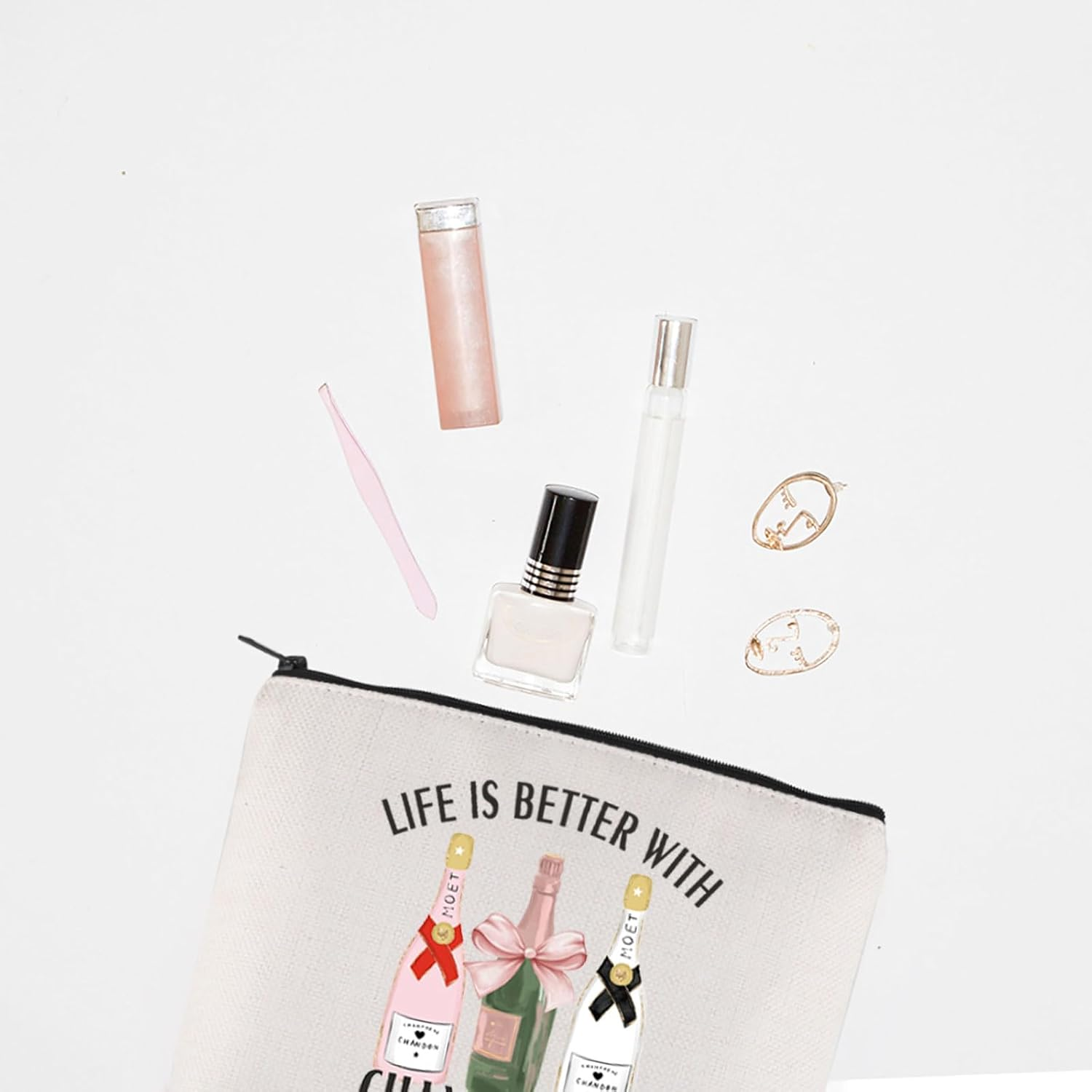 TGBJE Champagne Lover Gifts Life Is Better with Champagne Makeup Bag Girls Wine Trip Gift Bachelorette Party Zipper Pouch, Life Champagne Bag, All image number 2