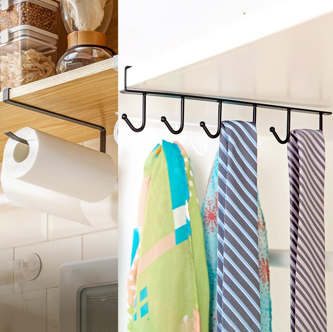 2 Pack under Shelf Organizers, Kitchen Roll Paper Towel Holder Mug Storage Hooks, Home Organization Accessories for Hanging Rolls, Towels, Coffee Cups, Cooking Utensils, Metal (Black) image number 1