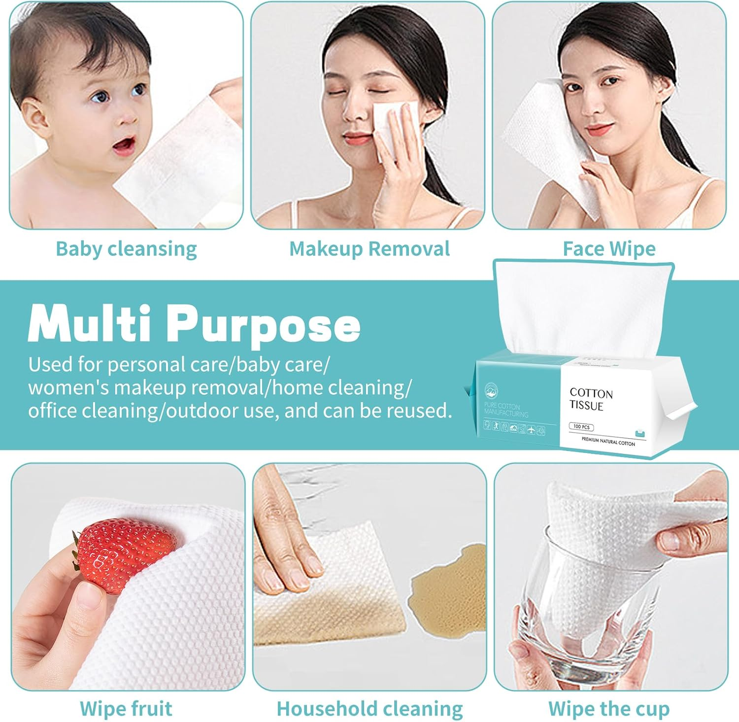 Disposable Face Towel 100 Count, Soft Cotton Facial Dry Wipes, Multi-Purpose for Skin Care, Makeup Remover, Face Wipes and Facial Cleansing(2 Pack) image number 6