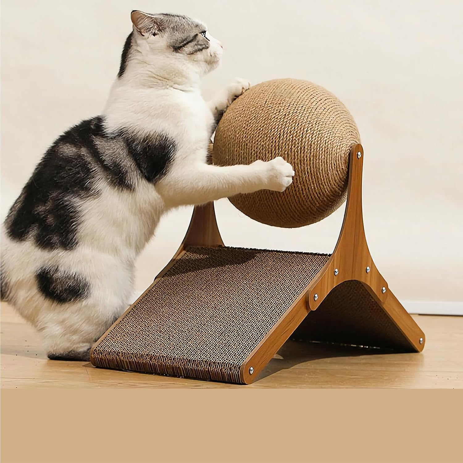Cat Scratcher Ball, Natural Sisal Cat Scratching Toy with Ball for Cats & Kittens & Dogs & Puppy, Interactive Solid Wood Scratcher Pet Toy image number 3