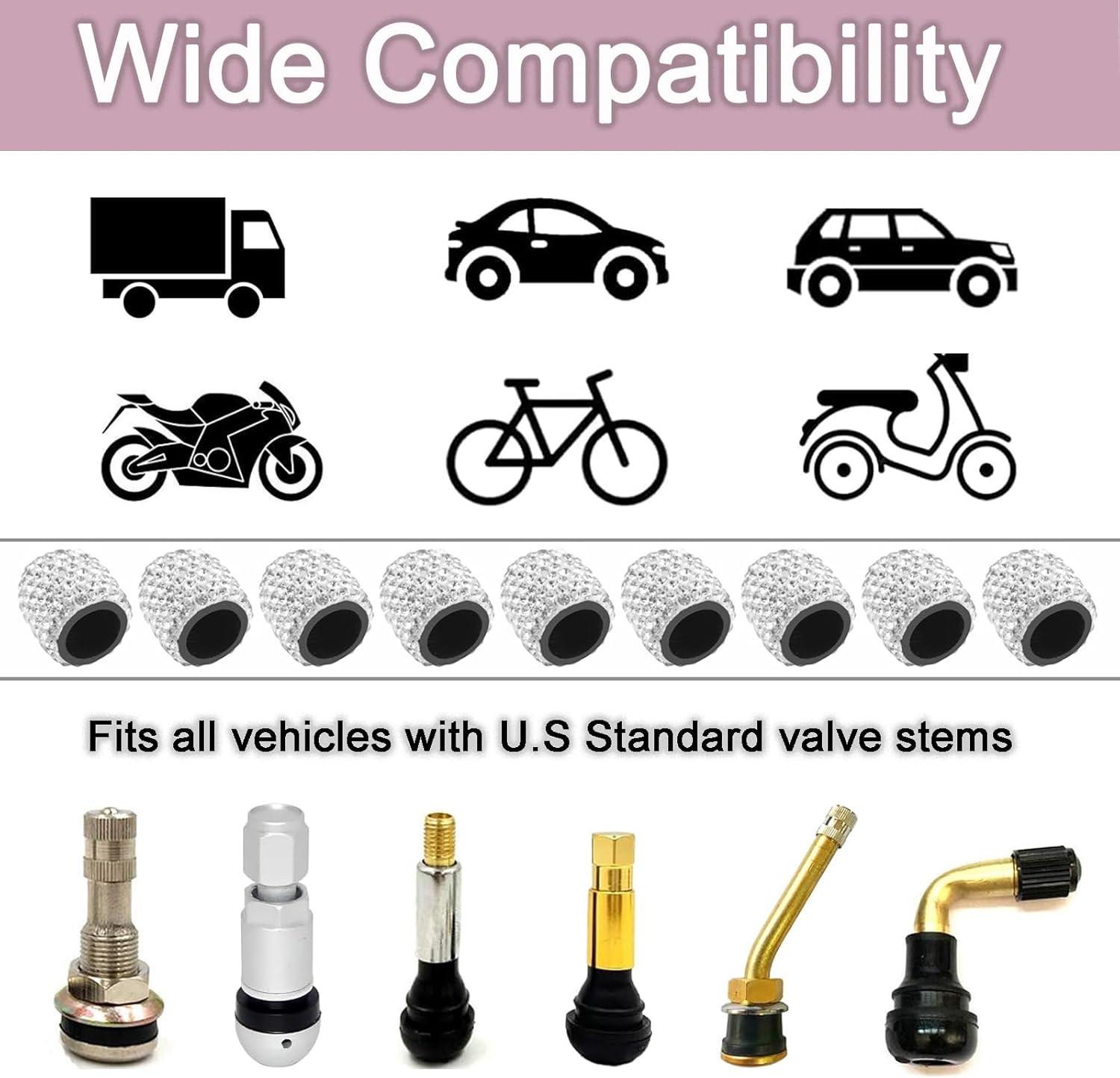 Bling Tire Valve Stem Caps 4 Pack Crystal Tire Caps Shinny Rhinestone for Women, Wheel Tire Valve, Car Accessories Universal for Cars, Trucks, SUV and Motorcycles-White image number 3