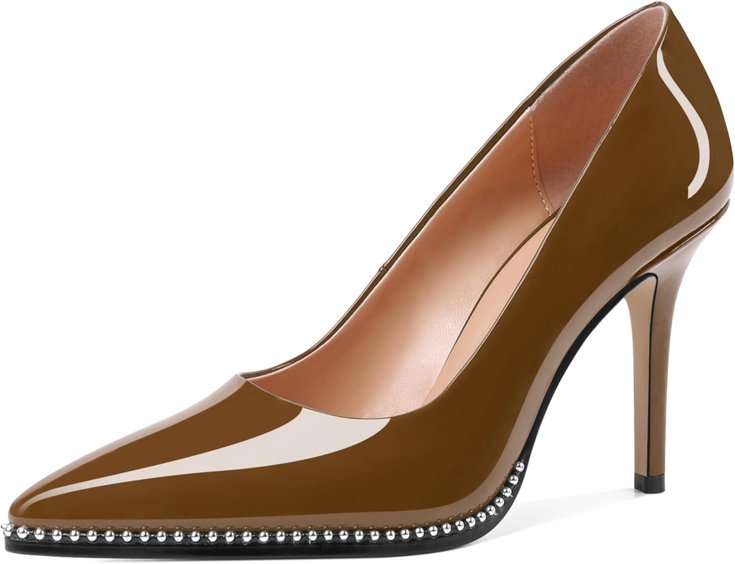 SAMMITOP Women Beaded Pumps Closed Pointed Toe High Heel Slip on Stilettos 3.5 Inch Sexy Heeled Dress Shoes Patent Leather