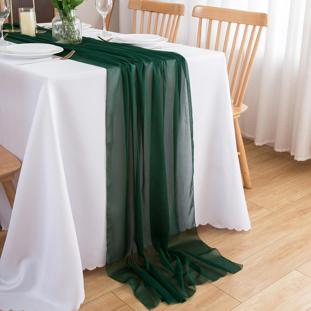 CHUQING Table Runner Dark Green Chiffon Long Table Runners 27X120 Inches Sheer Wedding Runner image number 7