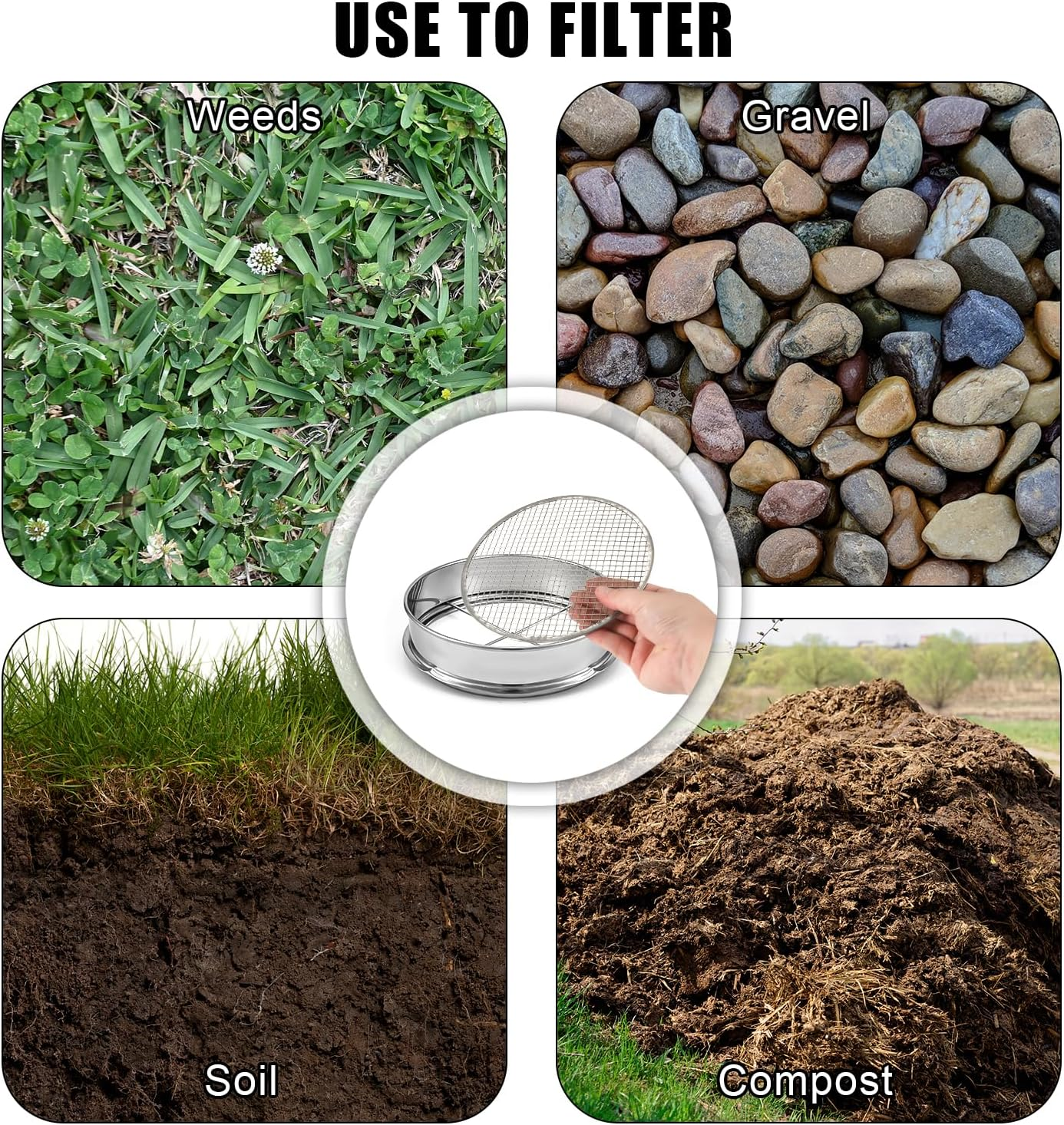 Soil Sifter Garden Sieve Set, 1Pc 30Cm/11.9In Stainless Steel Sifting Pan and 4Pcs 0.7/2/3/6Mm Mesh Sizes Garden Mesh Sieve Garden Soil Sieve Soil Filter Dirt Garden Sieve Soil Sifter image number 1