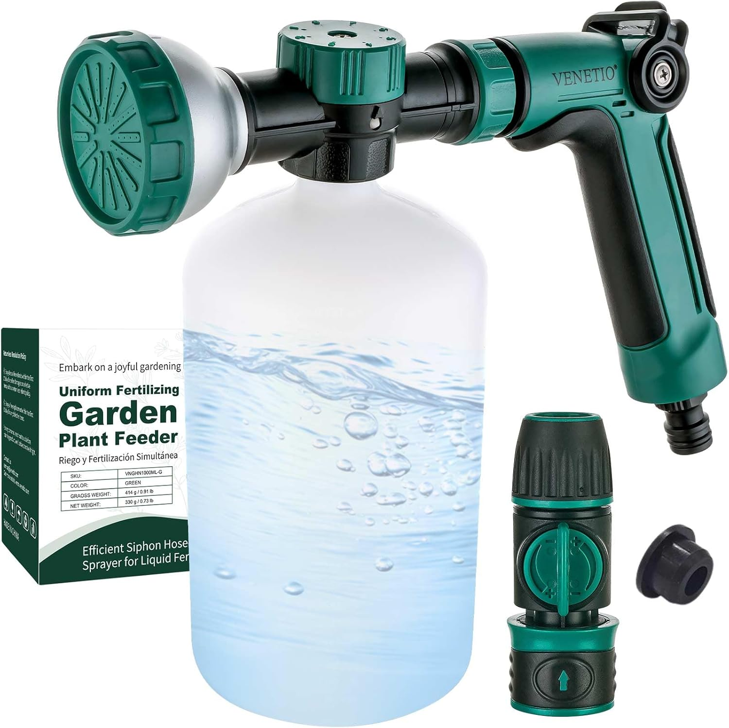 VENETIO 8-Dial Hose-End Sprayer Pro with Quick Connector for Liquid Fertilizer | Lawn and Garden Nozzle Spreader for Uniform Fertilizing, Pet Washing & Outdoor House Cleaning, 1000Ml Dispenser Bottle image number 6