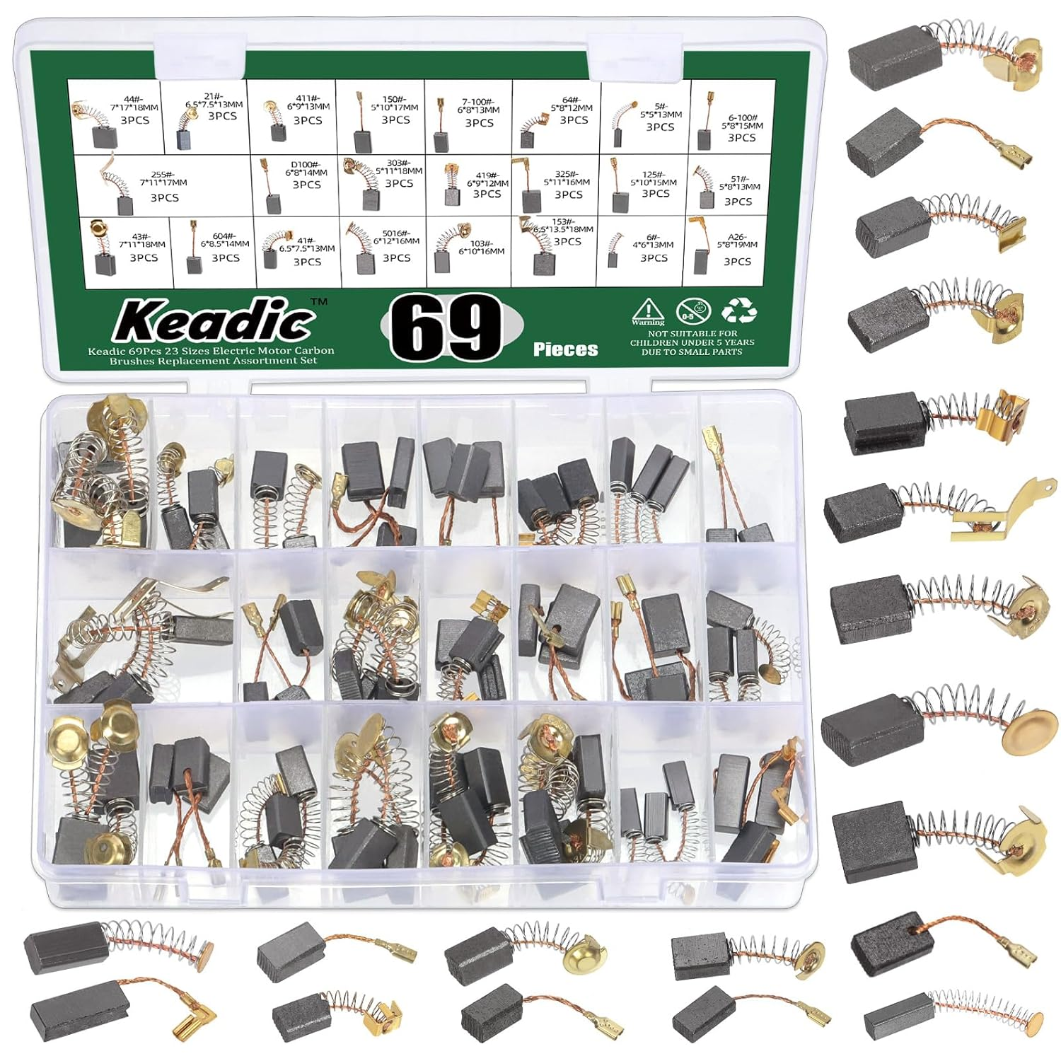Keadic 69Pcs 23 Sizes Electric Motor Carbon Brushes Replacement Assortment Set, Power Tool Motor Brush for Grinder & Electric Motors