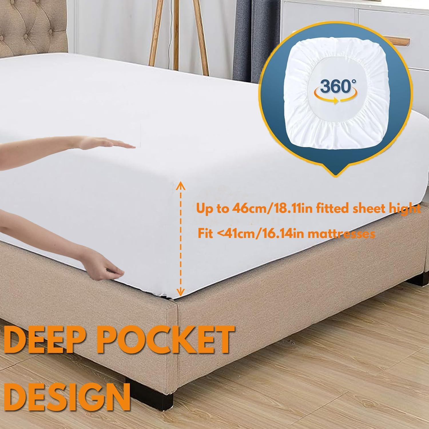 Waterproof Mattress Protector,H HOME-MART Deep Pocket Queen Size Fitted Sheet,Stretch to 46CM Fitted Deep Pocket,Premium Waterproof Mattress Protector, Soft Mattress Pad Cover(White, King) image number 5