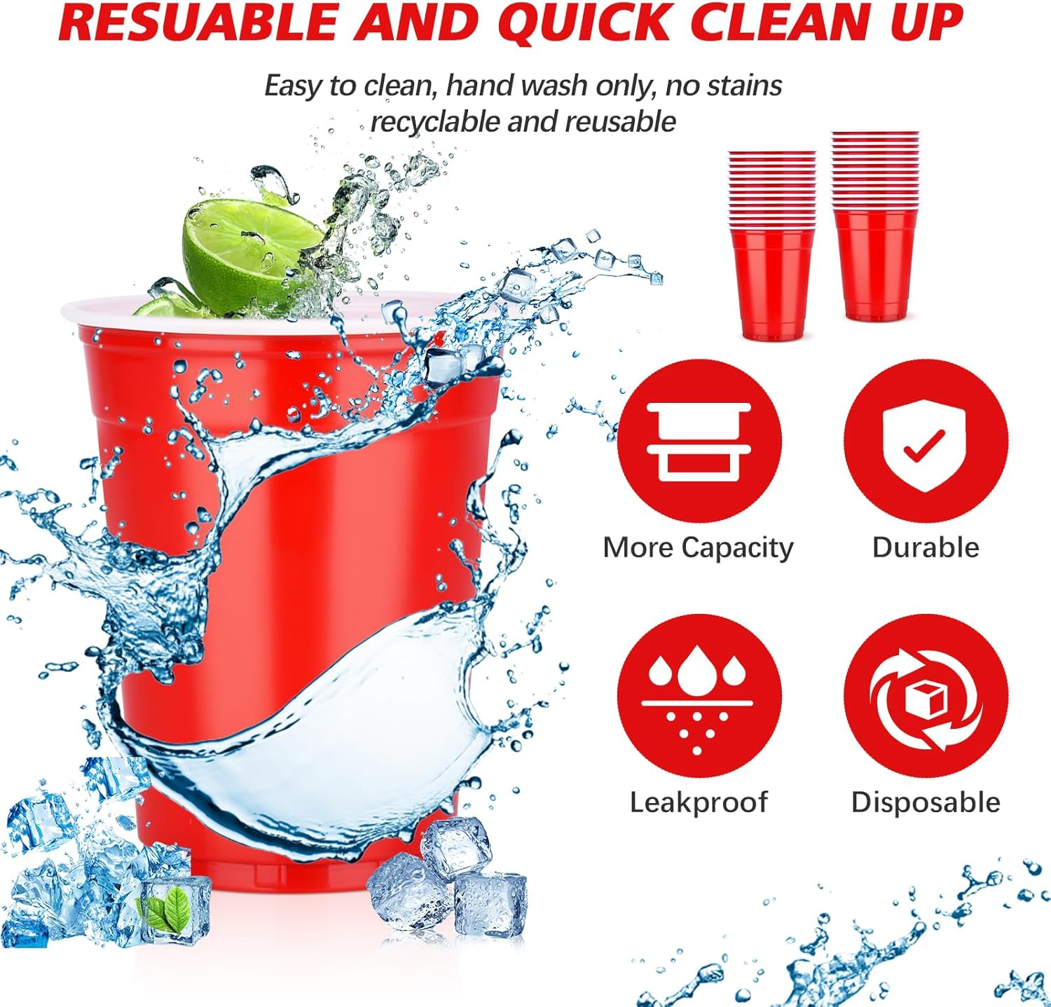12Oz Red Plastic Party Cups: 50Pack Reusable Blank Plastic Cups, Food-Grade Party Cold Drink Plastic Cups, Red Cups for Parties, Weddings, Events or DIY Projects image number 2