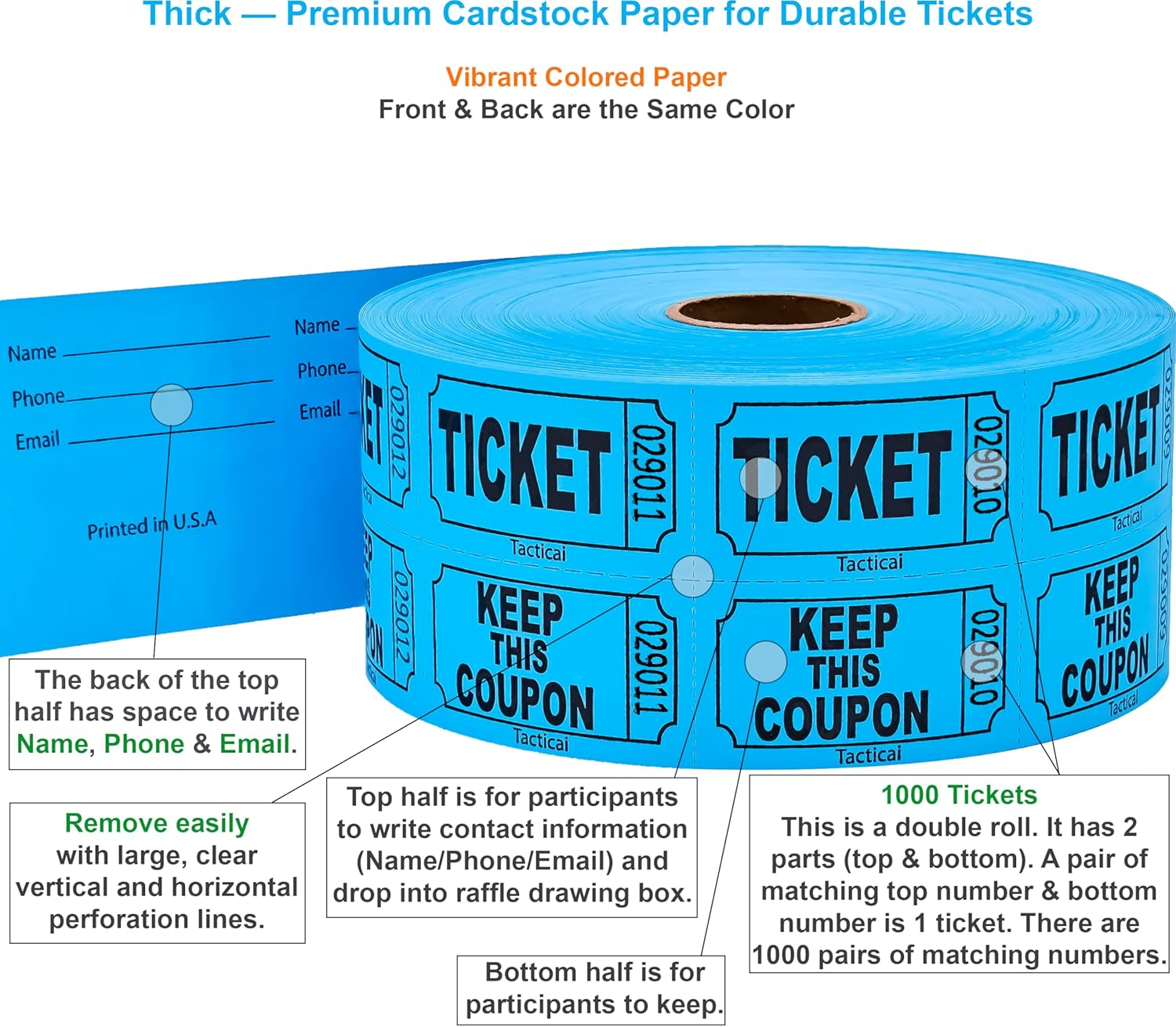 1000 Tacticai Raffle Tickets, Blue (1 of 8 Colors), Double Roll, Ticket for Events, Entry, Class Reward, Fundraiser & Prizes image number 4