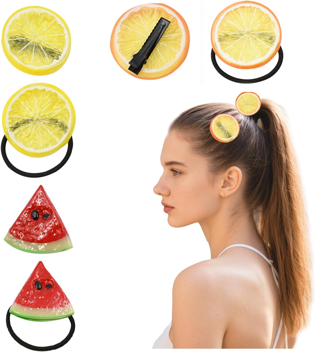 Pack of 3 Hair Ties, 3 Pieces Hair Clips, Lemon, Orange, Watermelon Hair Ties, Lemon, Orange, Watermelon Hair Clips, Hair Accessories for Teenage Girls, Accessories for Girls image number 1
