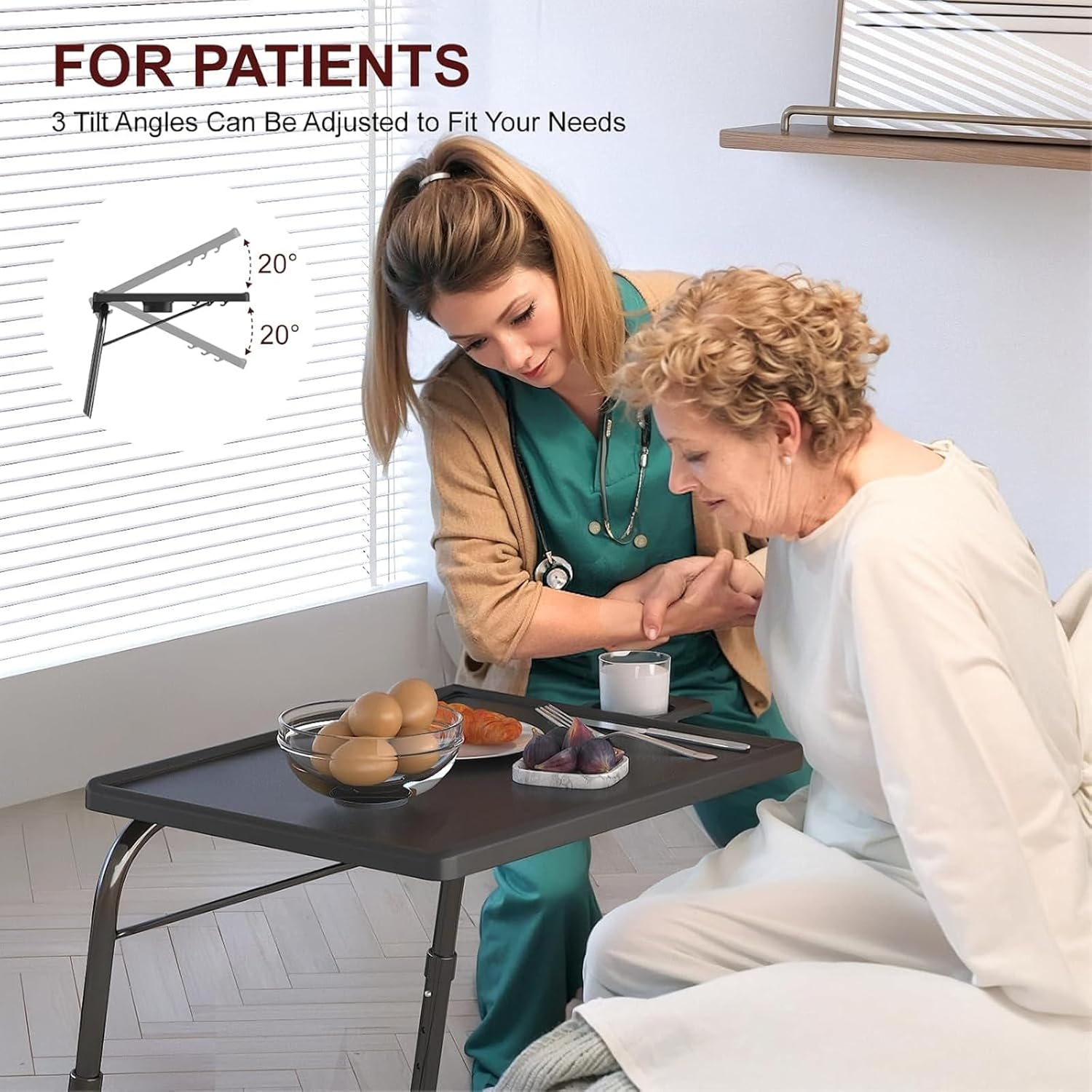 Portable Folding Snack Table with Adjustable Tray & Removable Cup Holder,Black image number 1