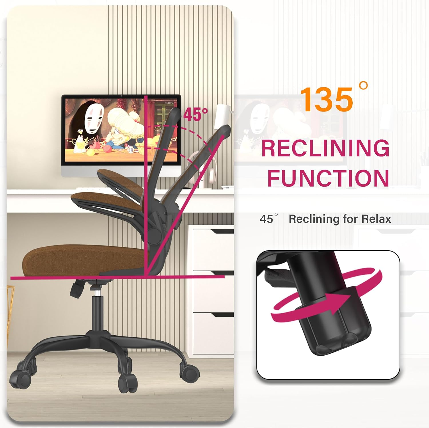 Office Chair, Ergonomic Desk Chair with Adjustable Lumbar Support, High Back Mesh Computer Chair with Flip-Up Armrests-Bifma Passed Task Chairs (Modern, Caramel) - Carmine Roses image number 4