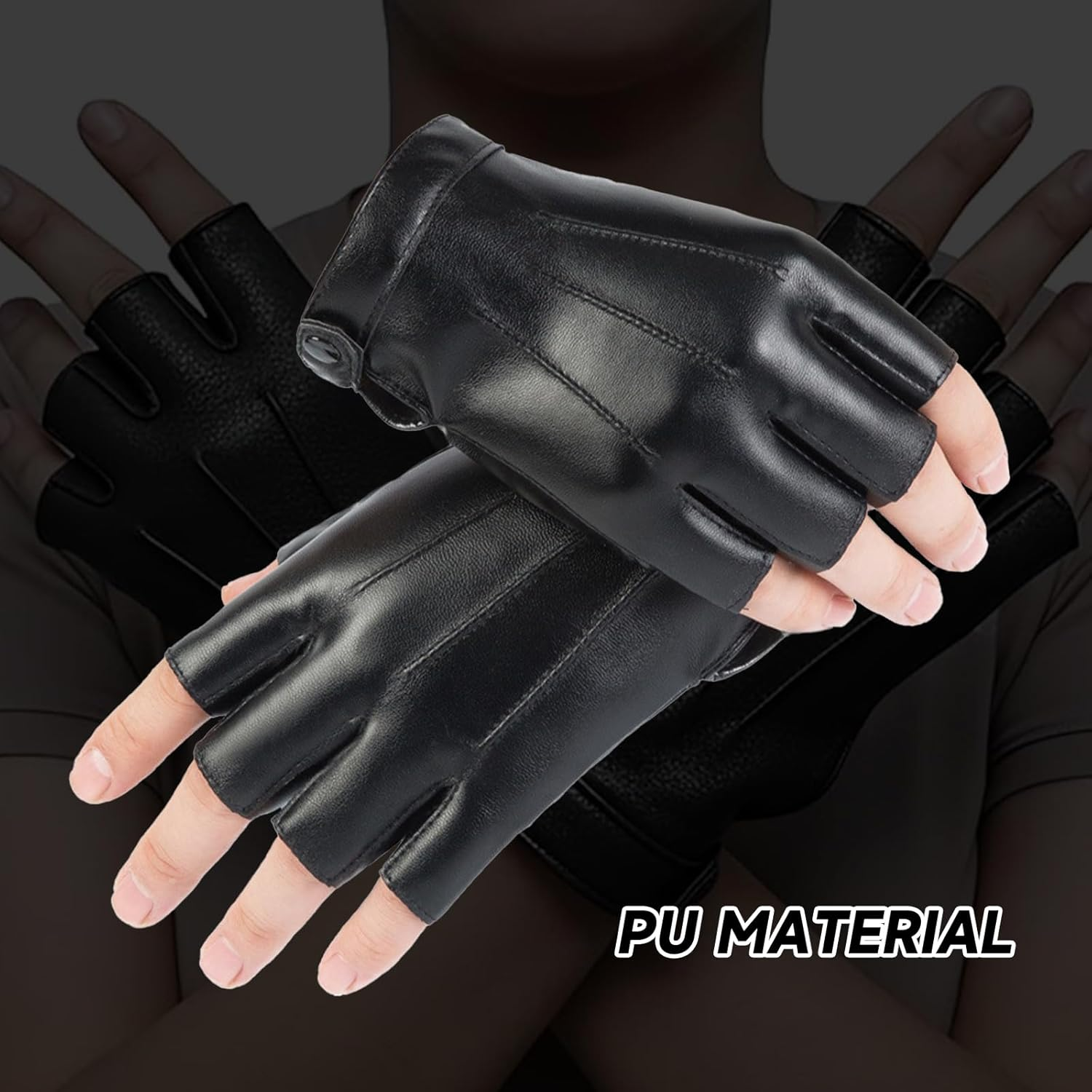 Xlihdzum Fingerless PU Faux Leather Gloves, Half Finger Outdoor Sport Glove - Black Gloves Costume Fingerless, Black Biker Punk for Festivals, and Cosplay Events, Women and Men image number 4