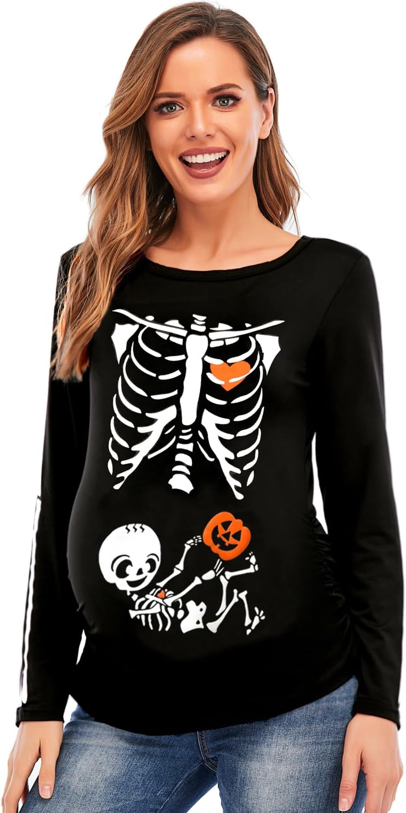 DDSOL Women Halloween Skeleton Maternity Shirt Long Sleeve Pumpkin Skeleton Baby Pregnancy Tops image number 5