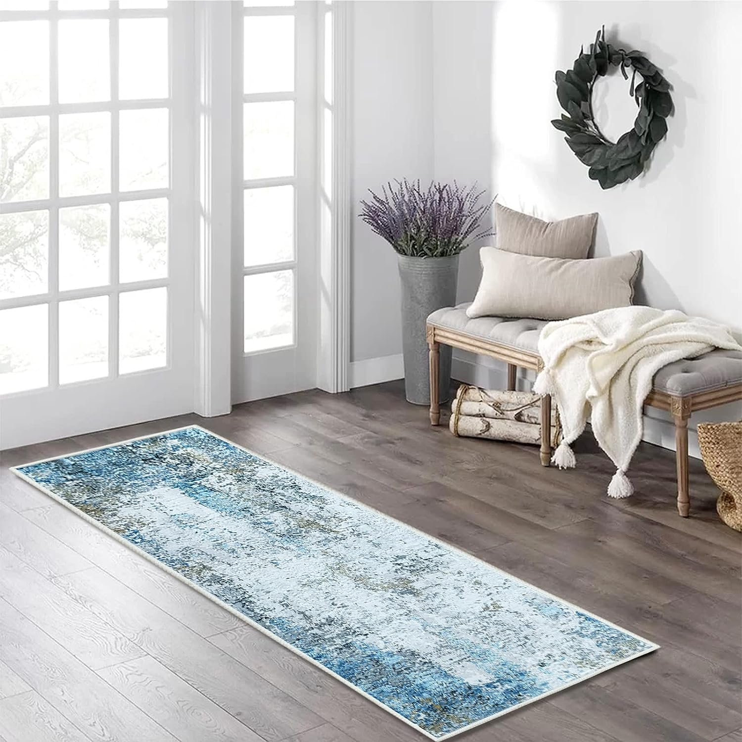 Hallway Runner Non-Slip Carpet Runner for Hallways, Kitchen & Living Room Washable Lightweight (Cream/Blue, 60 X 180 Cm) image number 2