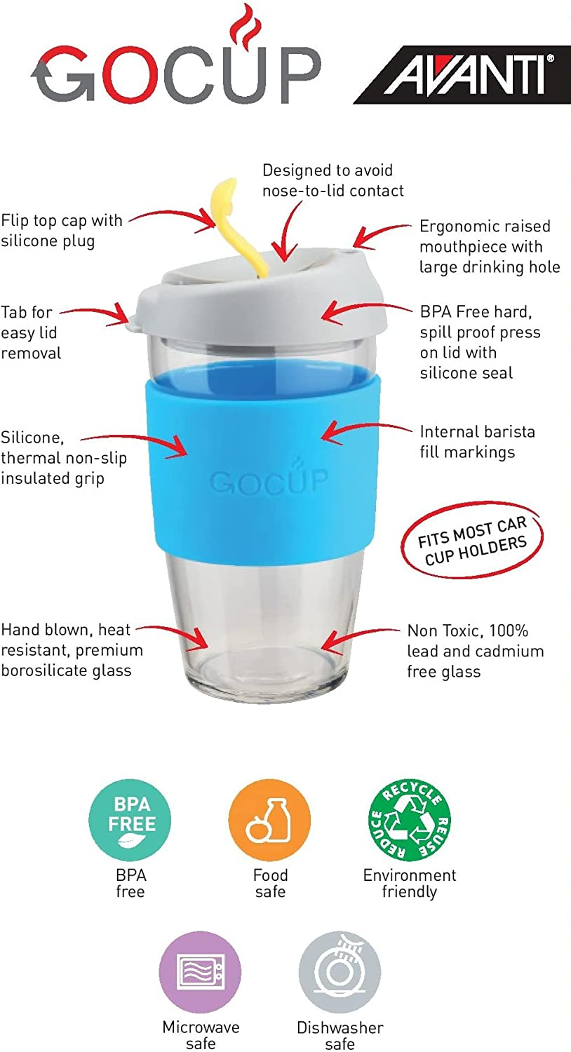 Avanti Gocup Borosilicate Glass Travel Cup, 473 Ml/ 16 Oz Capacity, Black/Charcoal/Grey image number 2