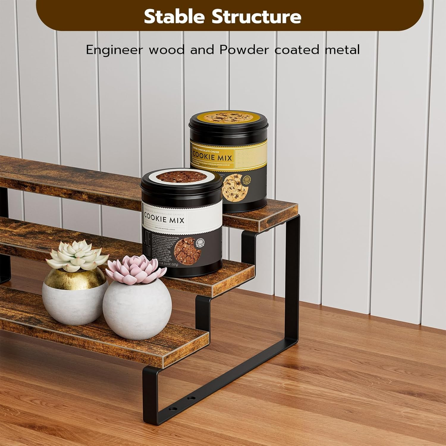 3-Tier Spice Rack Organiser, Kitchen Cabinet Shelf with Wood and Metal Design, 30 Cm Wide, Set of 2, Rustic Brown image number 3