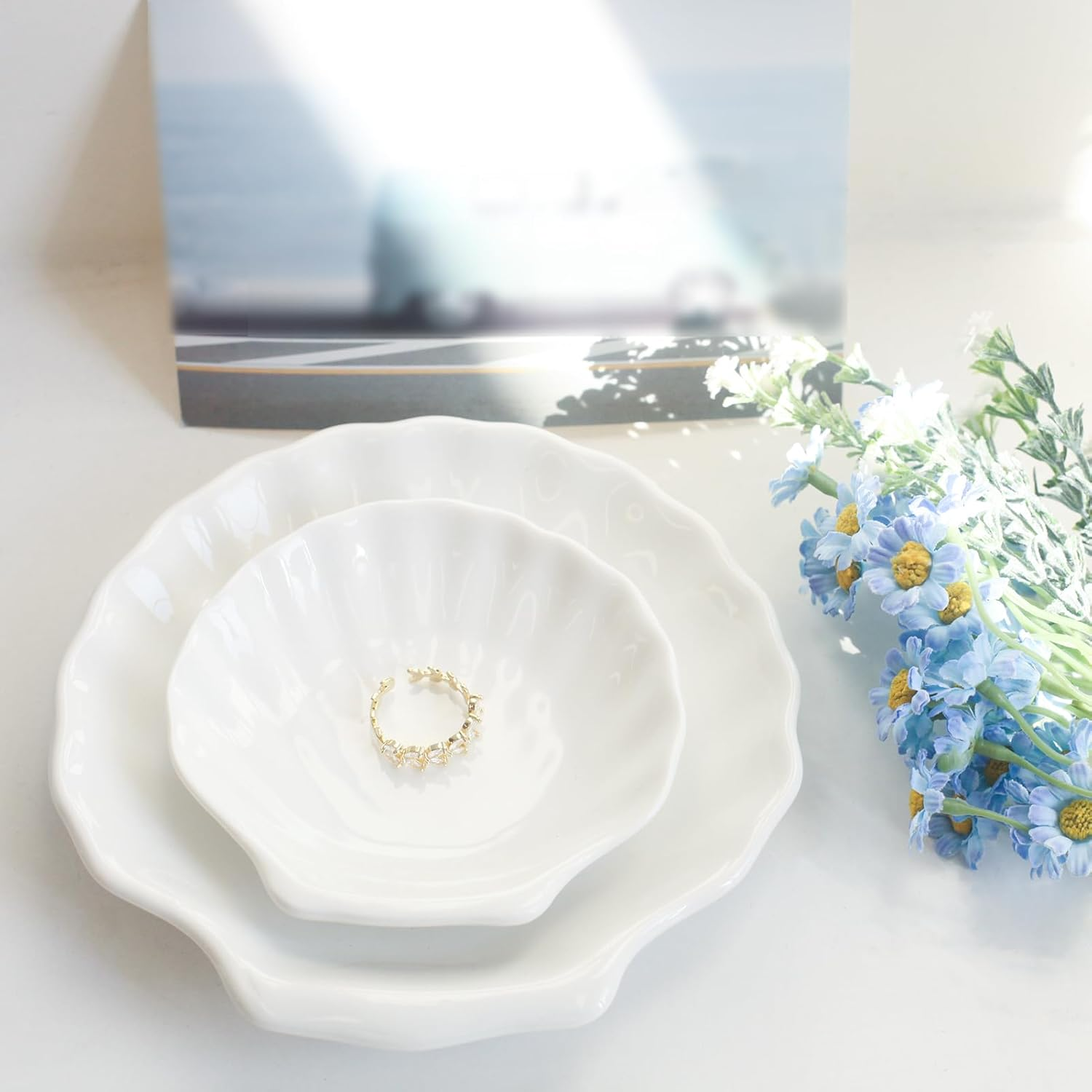 Shell Ring Dish Tray, Ceramic Jewelry Tray Trinket Dish, Seashell Key Holder Bowl, Beach Room Coastal Decor Aesthetic, Ocean Bathroom Counter Decor, White, Small image number 1