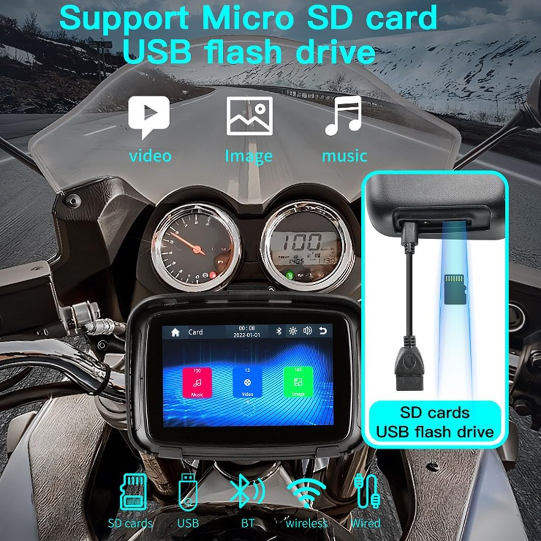 Portable Motorcycle Monitor Compatible with Wireless Apple Carplay and Android Auto 5'' IPS Waterproof Ipx6 Dual Bluetooth Car Touch Screen Built-In Speaker for Motorbike Powered by 5V~50V