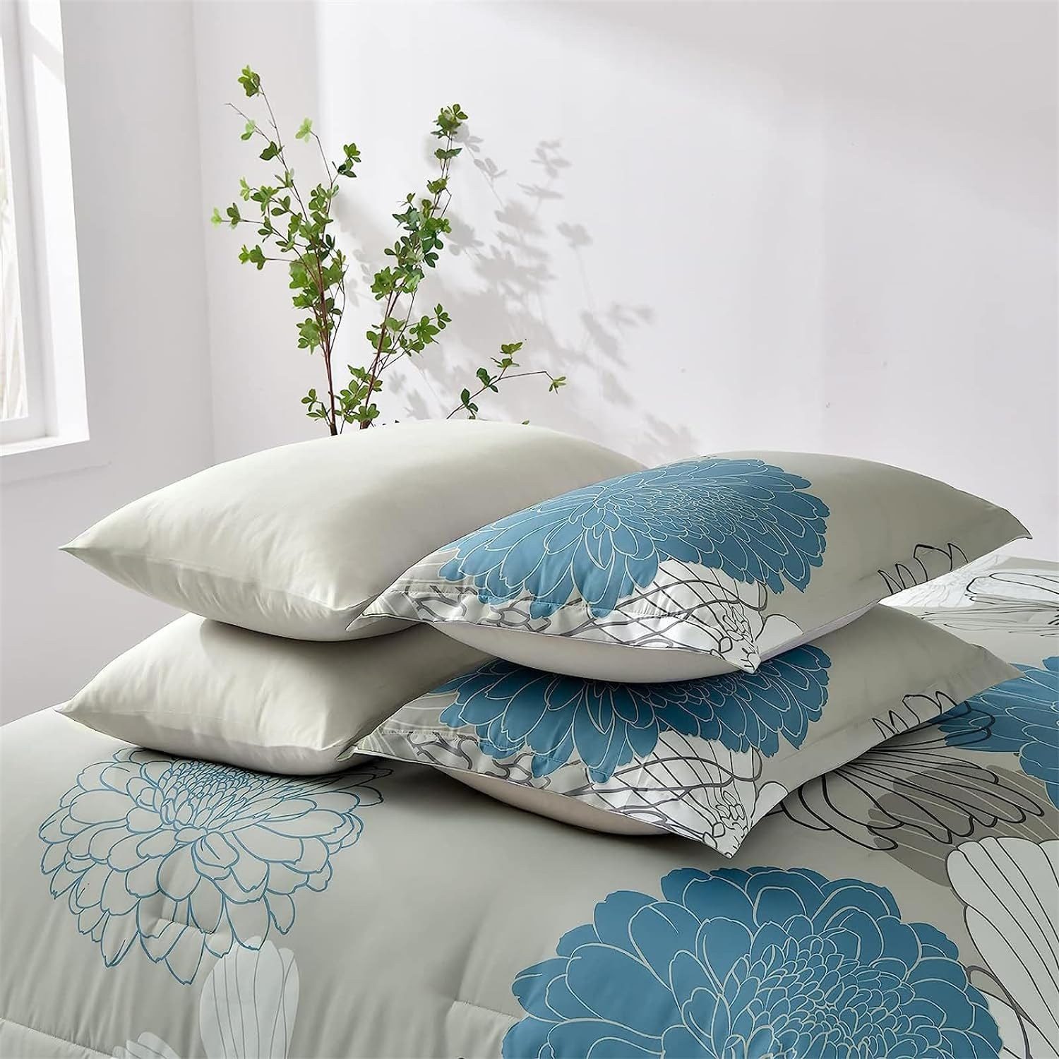 Yiran 7 Pieces Bed in a Bag Blue Floral Comforter Set Queen Size Flowers Comforter Set Soft Microfiber Bedding Set (1 Comforter 1 Flat Sheet 1 Fitted Sheet 2 Pillowshams 2 Pillowcases) image number 1