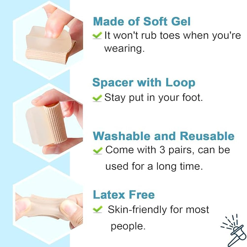 Gel Toe Separator, Tube Bandages, 2 Pcs Silicone Toe Stretcher, Hallux Valgus Correction, Gel Big Toe Spacer with 2 Loops, Double Hole Toe Orthosis for Bunion Pain and Overlapping Toes, Women and Men image number 3