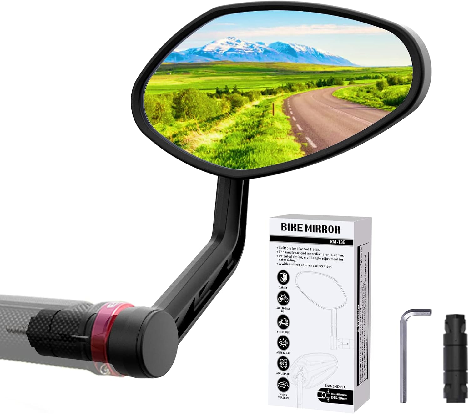 RBRL Bike Mirror Rotatable HD Safety Convex Bar End Mirror, Scratch Resistant Wide Angle Bicycle Shatterproof Side Mirrors, Mirrors for Electric Bikes Universal (Right) (RM12E-1)