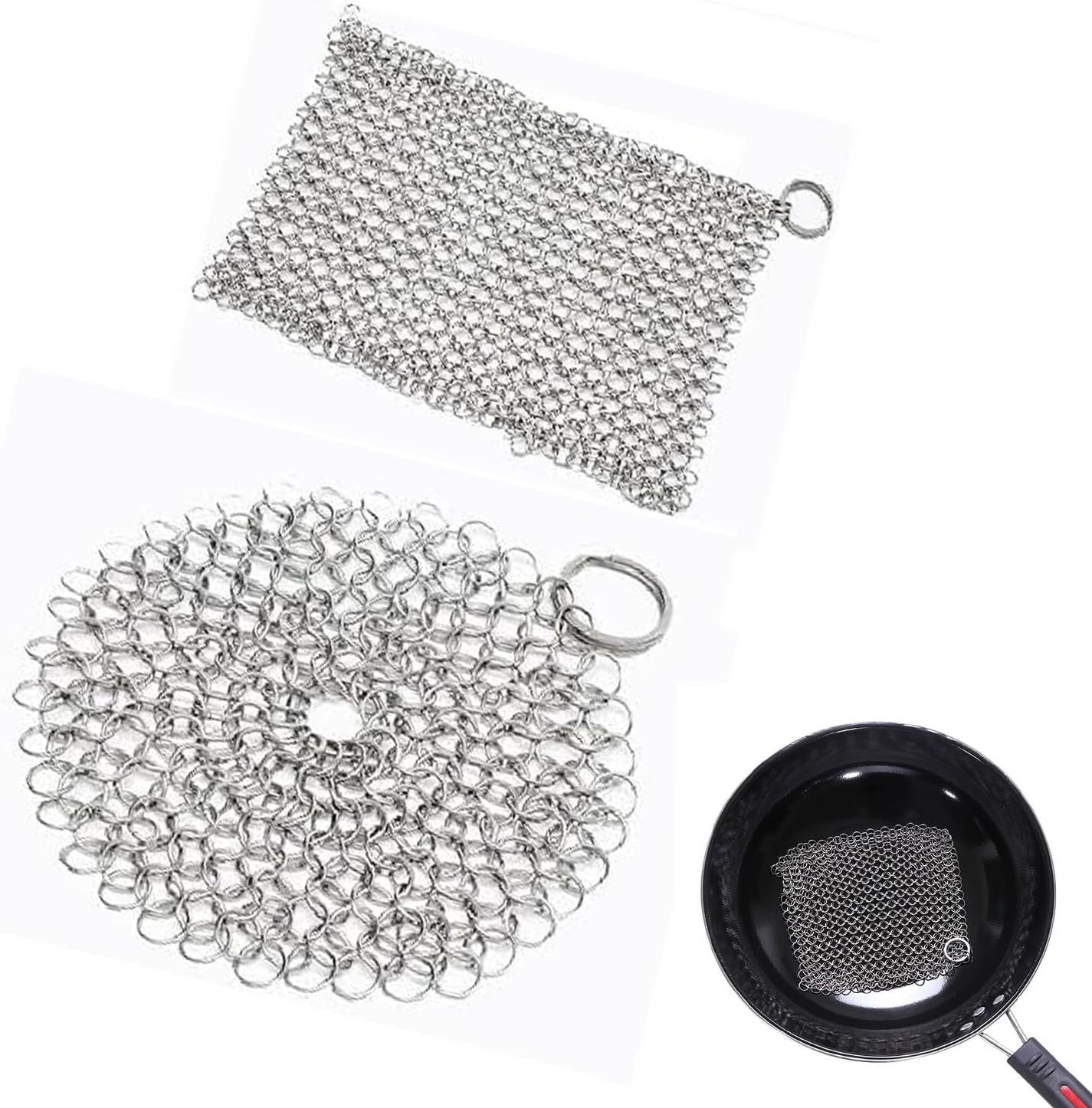 Cast Iron Skillet Cleaner Chainmail Srubber, 2 Pack 5"X 5" Rectangle & 4"X 4" round Premium Stainless Steel Chain Maille Scrubber Metal Scrubber for Cast Iron Pans CS03 Skillet Wok Pot Glassware image number 5