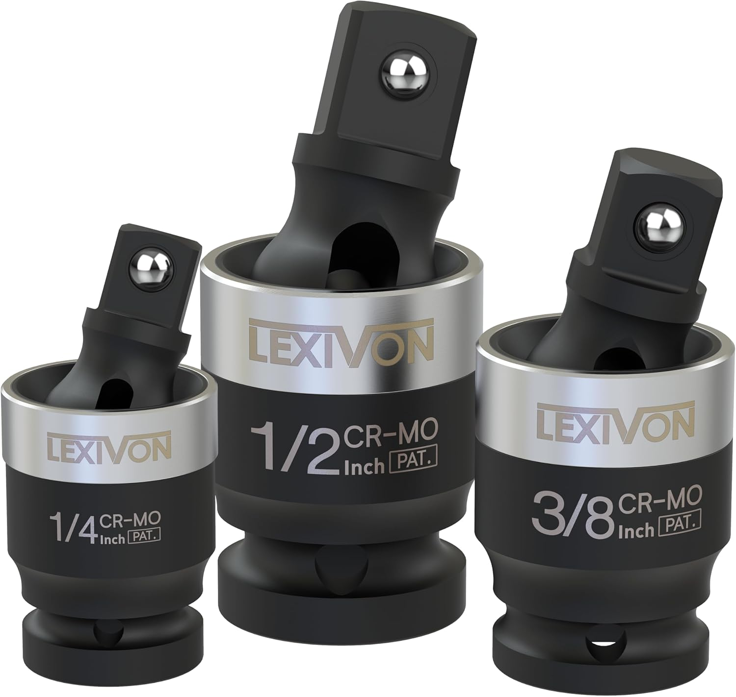 LEXIVON Impact Universal Joint - Patented SLIM Design | 3-Piece 1/2", 3/8", and 1/4" Socket Swivel Set | Chrome-Molybdenum Steel Full Impact Grade (LX-113-S) image number 5