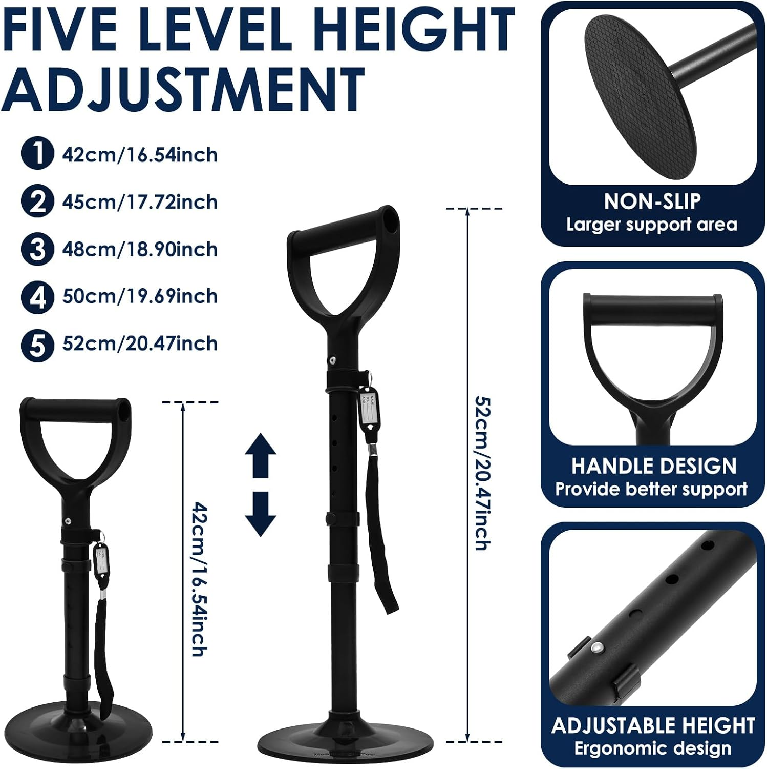 Lightweight Mobility Aid Tool, 5 Height Adjustable Mobile Standing Aid with Widened Nonslip Bottom for Home Garden Workshop (Black) - Black image number 3