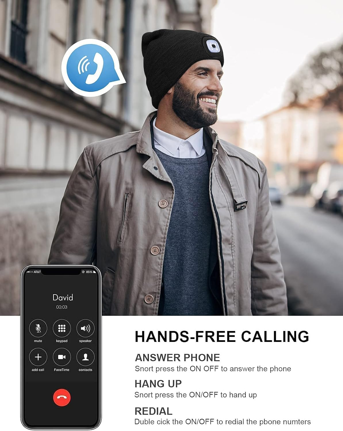 Bluetooth Beanie with a Light, Unisex USB Rechargeable LED Fashlight Hat with Cordless Headphones, Unique Christmas Birthday Gifts for Men Him Husband Teen Black image number 4