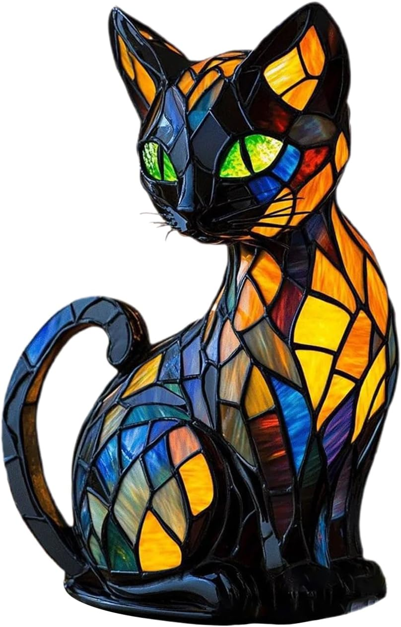 Cat Stained Glass Lamp, Resin Luminous Stained Glass Cat Lamp 17X10X10Cm, Cats Bedside Lamps Led Nightlight, Vintage Glasss Cats Lamps Desk, Handmade Resin LED Animal Bedside Table Night Light