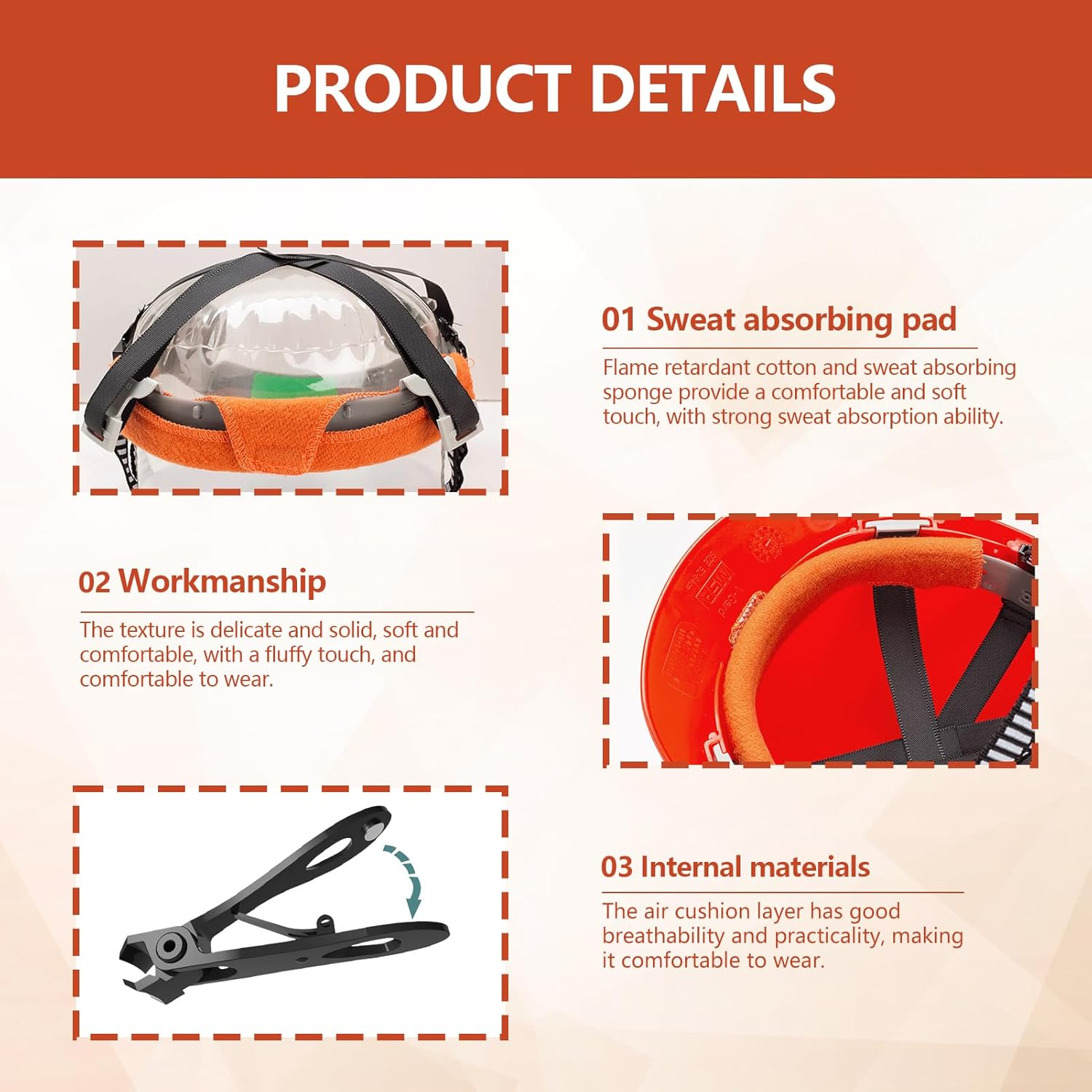 Welding Helmet Orange Sweat Bands, Orange Sweatband, 4 Pack Self-Adhesive Hardhat Sweatbands, Washable Pads, Welding Helmet Liner for Construction Chainsaw Hard Hat Keep Dry image number 1