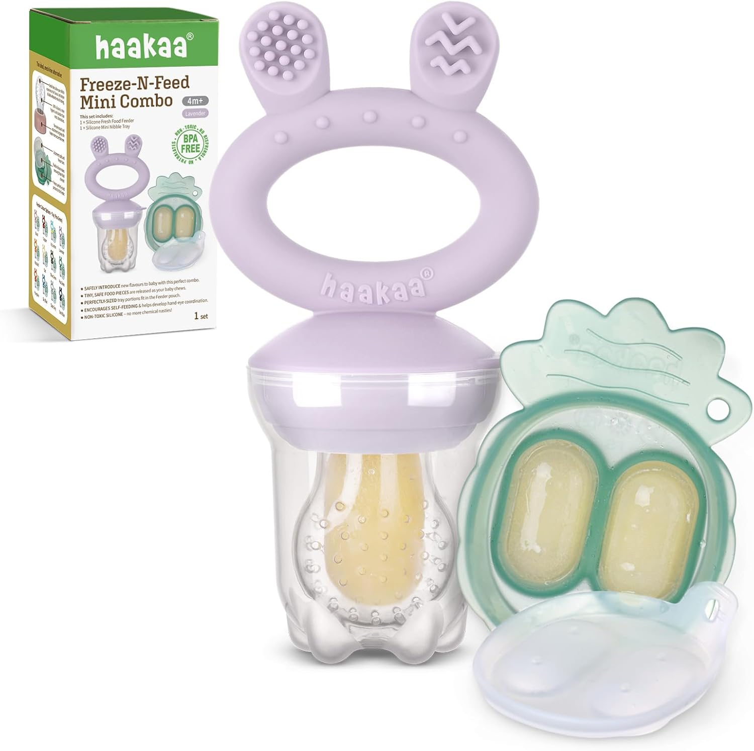 Haakaa Baby Fruit Food Feeder & Mini Freezer Nibble Tray Combo, Breastmilk Popsicle Molds for Baby Cooling Relief, BPA Free Silicone Feeder for Safe Infant Self Feeding, 4 Month+(Lavender)