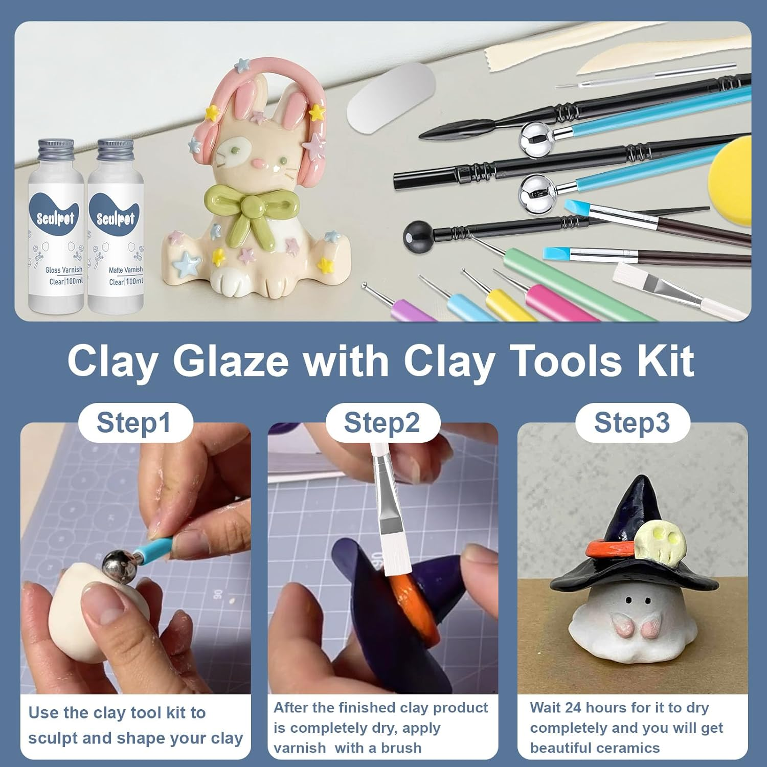 1DFAUL Clay Glaze with Air Dry Clay Tools Kit, 29PCS Clay Sculpting Tools, Polymer Clay Kit and Clay Varnish, Pottery Tool Kit for Sculpting, Modeling, Shaping, High Gloss, Scratch Resistant (Gloss) image number 6