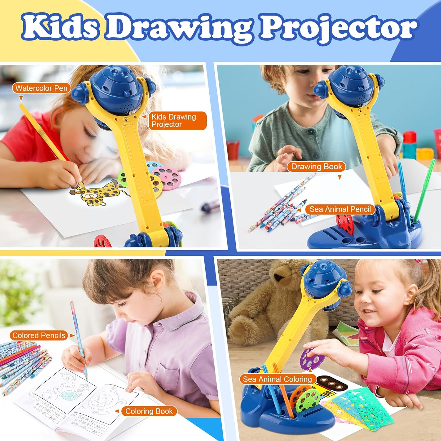 Drawing Projector for Kids, Art and Craft Kit, Including Colored Pencils, Crayons, Coloring Books,Toys for 3+ Year Old Boys (Blue Drawing Kit V2) image number 5