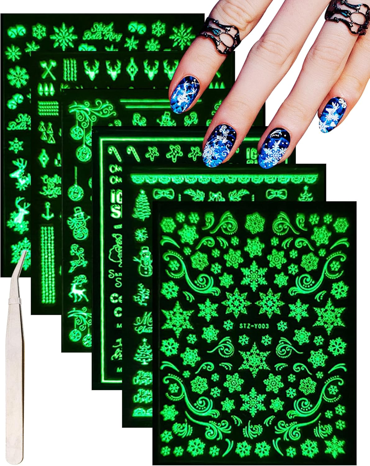 Nail Stickers Christmas Snowflakes 6 Sheets Nail Art Stickers Self-Adhesive Nail Stickers and 1 Tweezers Winter Elk Snowflake Gold Silver Glitter Decoration Stickers Nail Design Accessories Set E