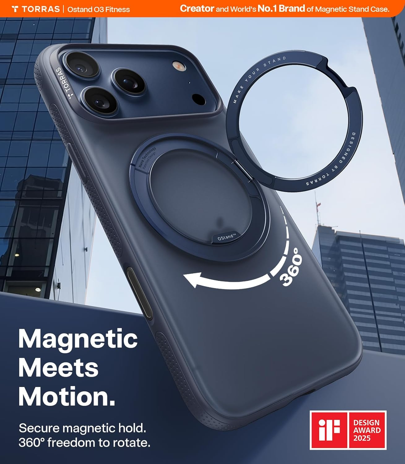 TORRAS 360 Rotatable Stand for Iphone 17 Pro Max Case, Compatible with Magnetic, Mil-Grade Protection, Slim Ergonomic Grip, Camera Control, Ostand O3 Fitness 6.9'', Deep Blue image number 3